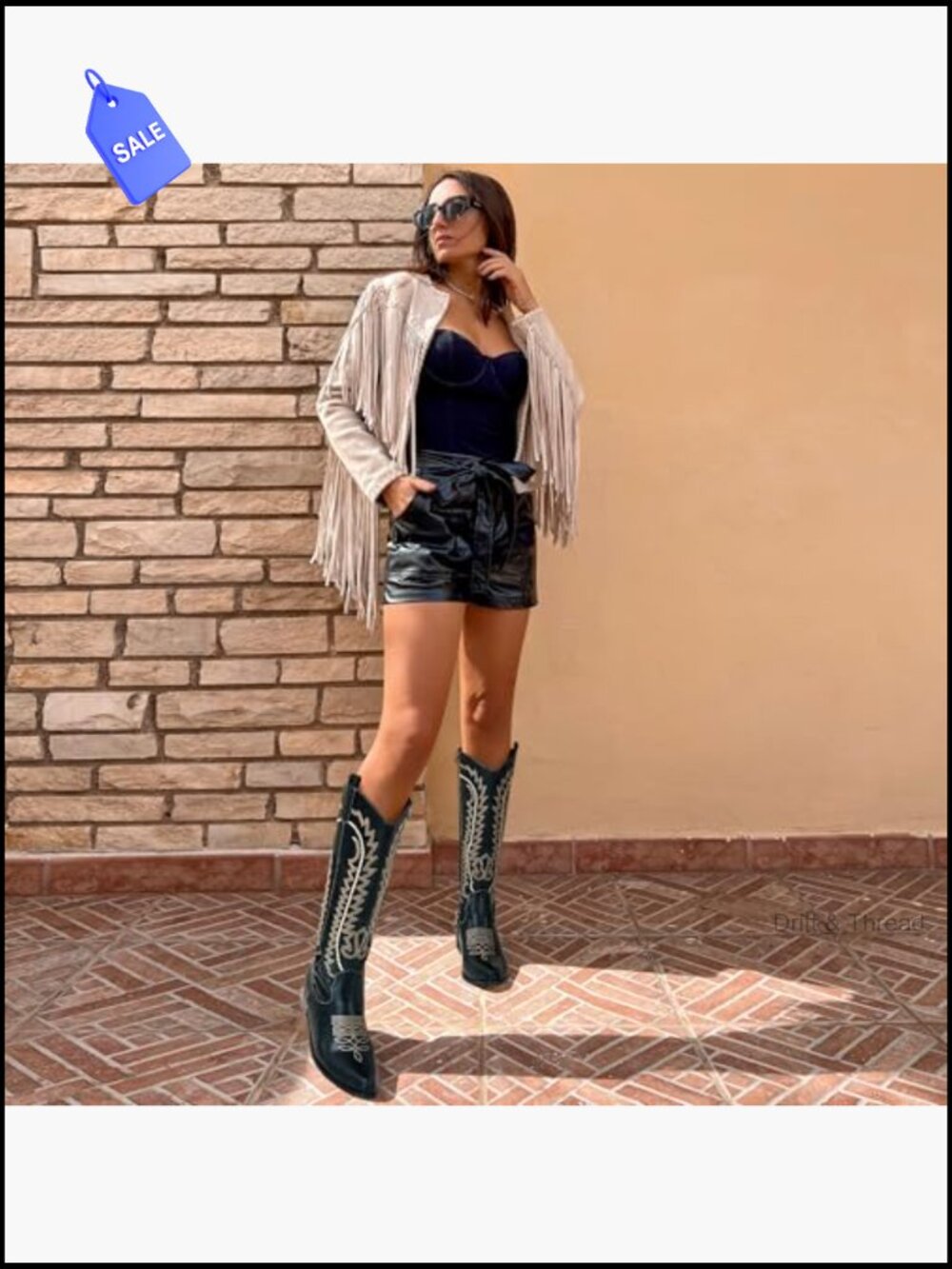 Embroidered Knee High Cowboy Boots with Chunky Heel, Pointed Toe, Side Zipper - Picture 2 of 7